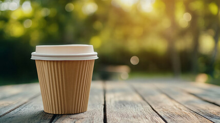 Cardboard Coffee Cup on Wooden Table Outdoors