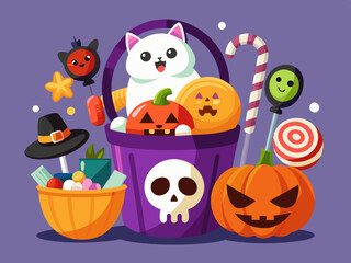 Halloween bucket with sweets. Trick or treat. Pumpkin buckets with candies, cat pack with lollipop, dessert inside skull bag, party ghost basket. Kids treat. Vector set
