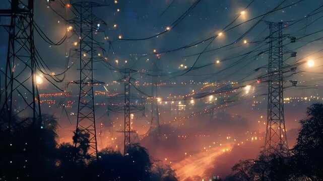High voltage transmission tower on night sky background. Shiny sparkles electricity concept visualization. Power transmission line electricity pylons tall steel lattice structure
