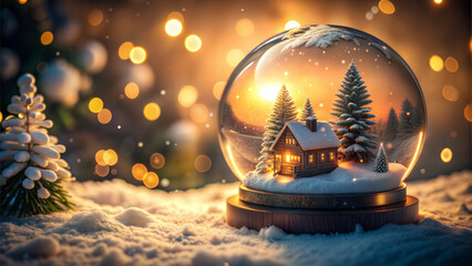 Snow globe with a Christmas scene inside, featuring a cozy house and snow-covered trees