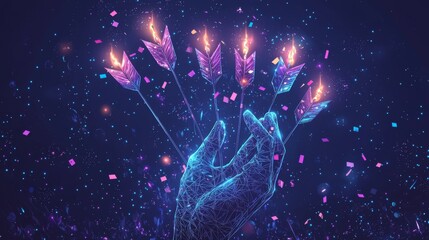 Wireframe hand holding flaming arrows surrounded by confetti in a digital space