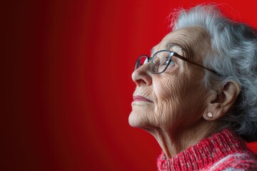 A senior woman looks up with uplifted gaze against a vivid red background