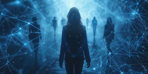 Businesspeople silhouettes against a backdrop of AI algorithms