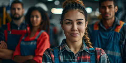 Obraz premium Group of diverse mechanics, celebrating the completion of a challenging project, diversity in the auto shop.