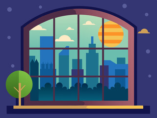 Window day night views. Windows outside view sunny day, night and morning time, frame with city, evening background with town building with sun and moon. Vector illustration
