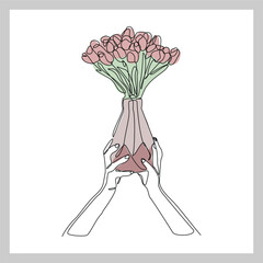 Continuous single line of hand holding beautiful romantic aesthetic flower in vase glass jar. One line art of people carrying romantic flower bouquet decoration vector illustration