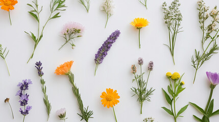 Obraz premium A flat lay of wildflowers arranged in a circular pattern