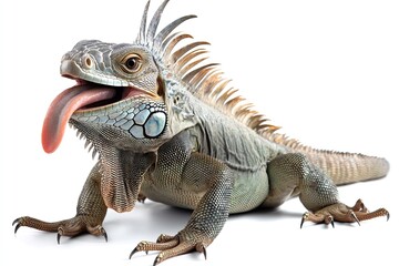 Fototapeta premium Iguana sitting and flicking tongue isolated on a white background