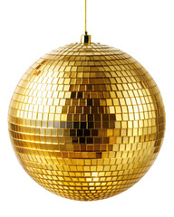 Fototapeta premium Golden reflective disco ball hanging from a string, showcasing a mosaic of mirrored tiles. Perfect for party and glamorous event designs. Isolated on transparent background, png.