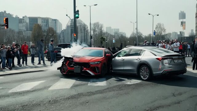 Car crashed into auto bumper slow motion. Vehicle accident. Dangerous situation on road. Terrible incident. Urgency, chaos concept. Debris scattered across force collision, damage caused. Safety issue