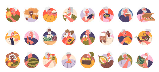 Isolated Vector Round Icons Or Avatars With Cartoon Senior Characters Enjoying A Variety Of Healthy Foods And Drinks