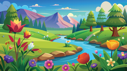 Naklejka premium Illustration of a flower meadow in spring. AI digital illustration