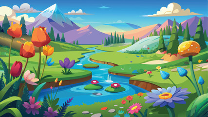 Fototapeta premium Illustration of a flower meadow in spring. AI digital illustration