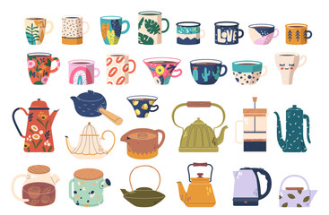 Vibrant Assortment Of Teapots And Coffee Mugs Featuring Various Unique And Artistic Designs. Kitchenware Collection