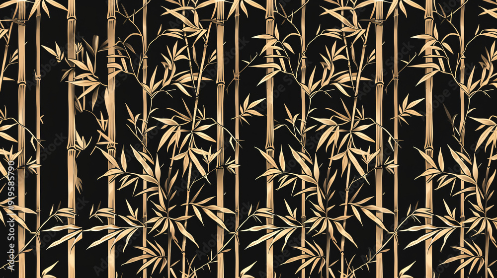 Poster seamless pattern repeating with golden bamboo forest on black background