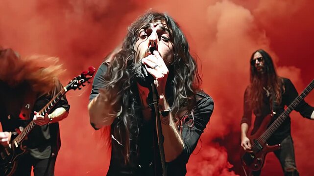 A rock band performs on stage, a vocalist with long hair, surrounded by a guitarist and a bassist.
