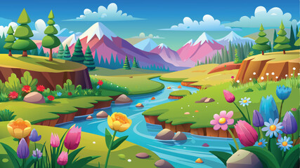 Obraz premium Illustration of a flower meadow in spring. AI digital illustration
