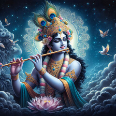 Portrait of Lord Krishna with a lotus flower