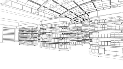 Contour of sales area mockup with shelving with blank goods and vaulted roof. 3d illustration
