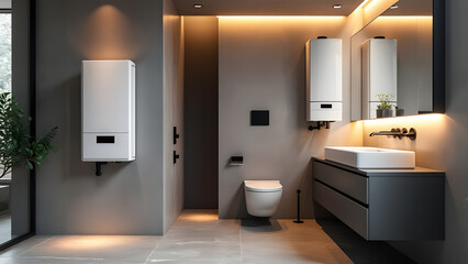 Modern tanked boiler in bathroom. Household smart water heater hanging on the wall in boiler room. Common electric storage tank water heater. Energy-efficient home heating system on gray tiles
