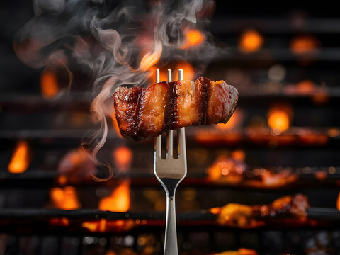 Tenedor sostiene carne asada a las brasas