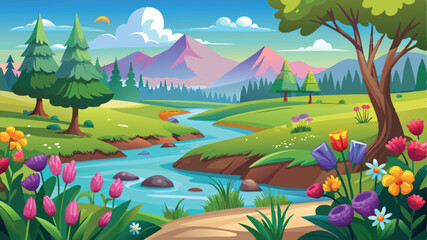 Fototapeta premium Illustration of a flower meadow in spring. AI digital illustration