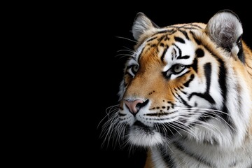 Fototapeta premium Photo of a tiger isolated against a black background, emphasising the tiger's majestic features. Wildlife and conservation concept, space for copy.