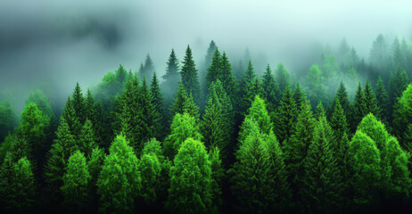 Fototapeta premium A serene view of lush green trees shrouded in mist, creating a tranquil and mysterious forest atmosphere.
