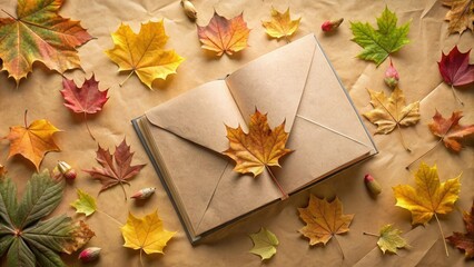 Fototapeta premium An open book surrounded by maple leaves and dry leaves on kraft paper, with an envelope and a herbarium, autumn