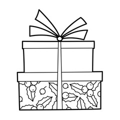 Two Christmas boxes with ribbon. Outline illustration, isolated on white background