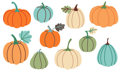 Pumpkin set isolated on white. Colorful hand drawn decorative elements for happy Halloween design. Autumn pumpkins in simple flat style. Vector illustration.