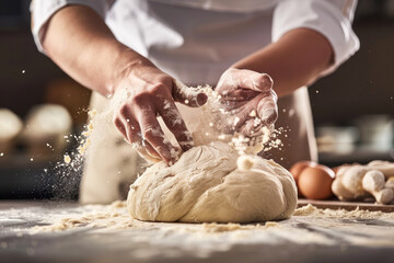 Fototapeta premium Chef's hands kneading dough on a floured work surface