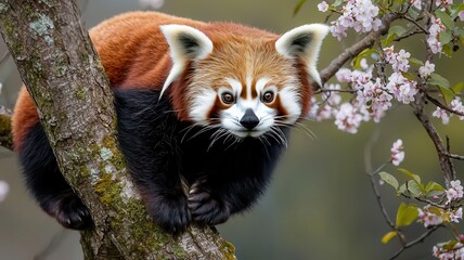 Naklejka premium A red panda making its way up a tree with blooming flowers, its fur blending with the colorful petals, animal, springtime climbing