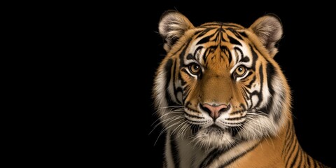 Fototapeta premium Photo of a tiger isolated against a black background, emphasising the tiger's majestic features. Wildlife and conservation concept, space for copy.