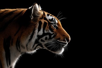 Obraz premium Photo of a tiger isolated against a black background, emphasising the tiger's majestic features. Wildlife and conservation concept, space for copy.