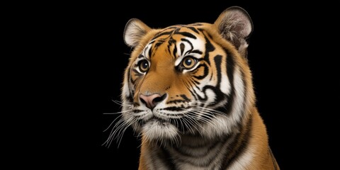 Fototapeta premium Photo of a tiger isolated against a black background, emphasising the tiger's majestic features. Wildlife and conservation concept, space for copy.