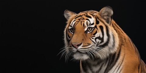 Fototapeta premium Photo of a tiger isolated against a black background, emphasising the tiger's majestic features. Wildlife and conservation concept, space for copy.