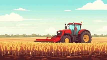 Obraz premium A red tractor harvesting wheat in a golden field under a bright blue sky