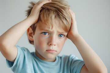 Worried young boy with blonde hair holding his head against a neutral background. Concepts of childhood emotions, anxiety, and concern.
