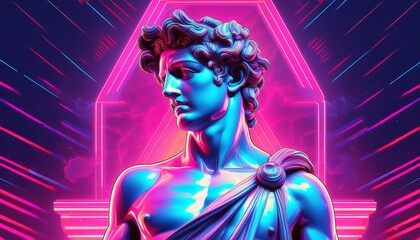 vaporwaveinspired greek statue of david with neon accents retro synth wave aesthetic blends classical art and 80s futurism vibrant colors against a surreal digital backdrop