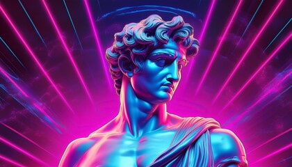 vaporwaveinspired greek statue of david with neon accents retro synth wave aesthetic blends classical art and 80s futurism vibrant colors against a surreal digital backdrop