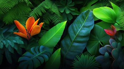 A vibrant arrangement of tropical leaves and flowers showcasing rich greenery and colorful petals, perfect for nature-themed projects.