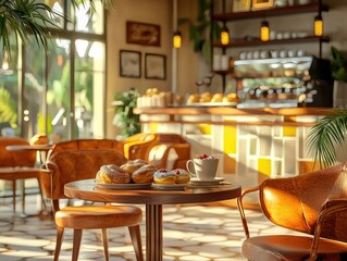 A cozy cafe interior featuring warm lighting, delicious pastries, and inviting seating for a delightful coffee experience.