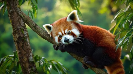 A red panda carefully climbing along a narrow branch high above the forest floor, animal, balancing climb