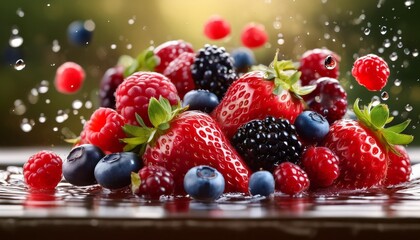 vibrant berry medley cascading in slow motion macro details of juice droplets sunkissed fruits organic textures crisp focus on falling berries