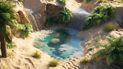 Naklejka premium Desert Oasis with Palm Trees and Waterfalls