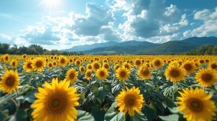 Fototapeta premium Sunflower Field: A picturesque sunflower field in full bloom, with vibrant yellow flowers stretching towards the sky. The natural beauty and cheerful atmosphere are captivating.