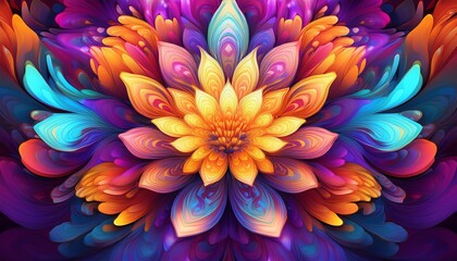 Obraz premium vibrant floral explosion abstract petals kaleidoscopic colors dynamic composition digital art style swirling patterns psychedelic bloom