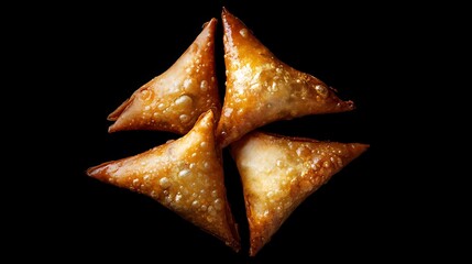 Fototapeta premium Four Golden Brown Fried Samosas on a Black Background