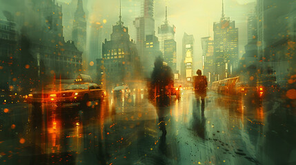 An imaginative portrayal of a city with tall, sleek buildings rendered in abstract lines, blending into softer, blurred backgrounds representing the bustling streets 